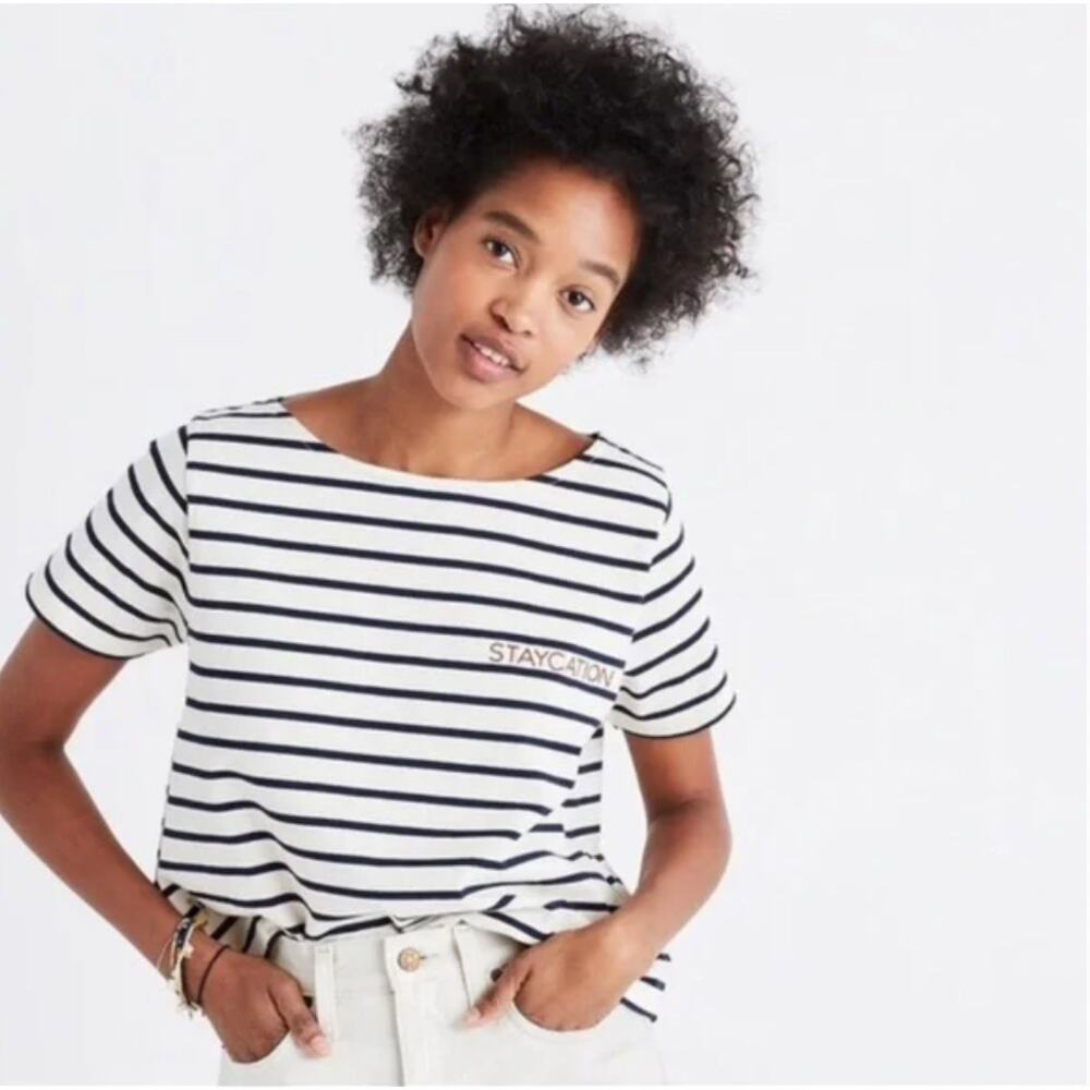 Madewell Striped Embroidered Staycation Crop Tee Size Large - Picture 1 of 12